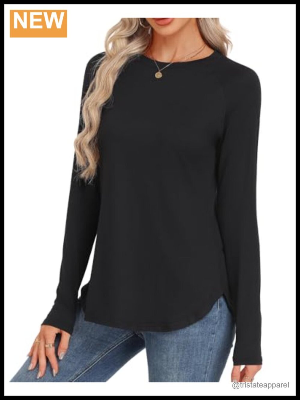 Long Sleeve Tunic Top Loose Fit Crew Neck Curved Hem Fall Winter